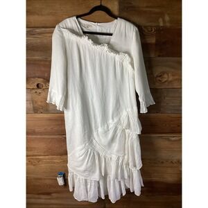 Jsong Linen Eggshell Cream  Midi Dress Tiered Pleats & Ruffles Sz 16 Lagenlook